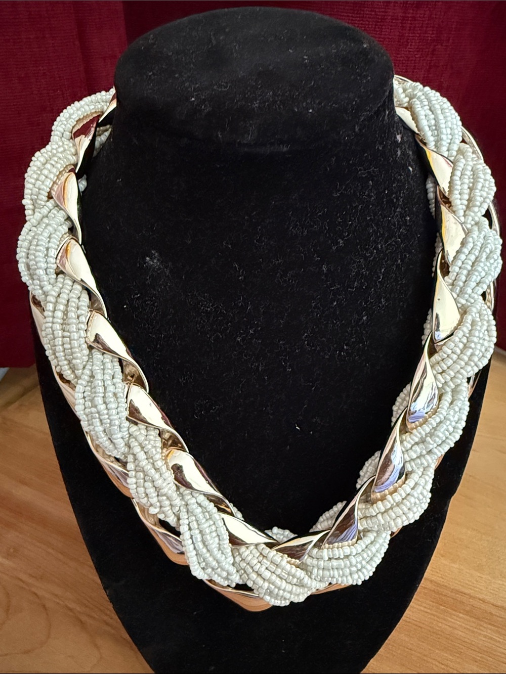 Ivory Beaded Braided Necklace with Gold-Tone Links